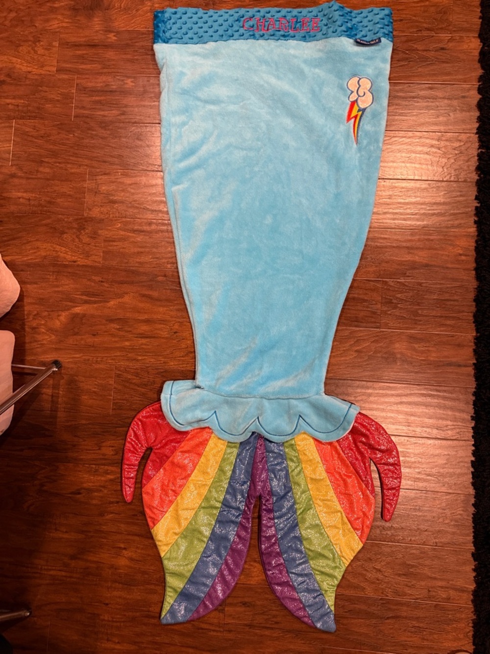 Personalized Blue Mermaid Tail Blanket with Rainbow Fin